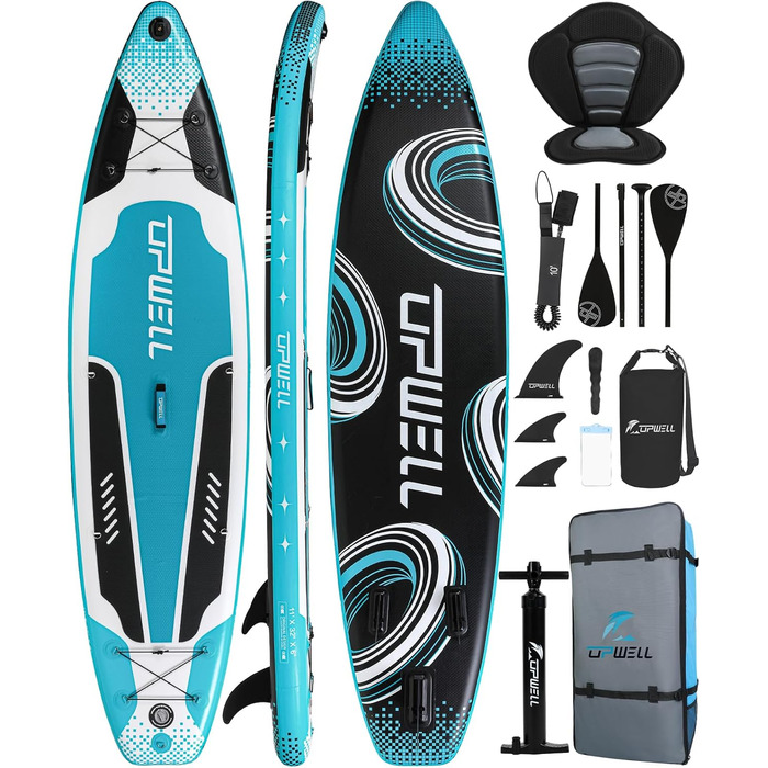 UPWELL Надувна SUP-дошка 320/335 см для дорослих і підлітків з преміум аксесуарами: рюкзак, гермомішок 10 л, 2-в-1 весло, страхувальний лиш, ручний насос, плавці