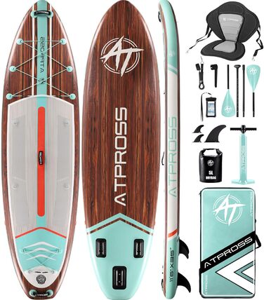 Надувний SUP-борд ATPROSS 350x89x15см, 200кг, для дорослих, зі аксесуарами, рюкзаком, для йоги, риболовлі, серфінгу, стабільний, неслизький, Kayak, Boat, Holzmaserung