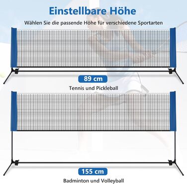 Сітка для бадмінтону GOPLUS зі стійкою, регульована по висоті 89-155 см, з сумкою та 2 воланами, для бадмінтону, тенісу, волейболу, для залу та вулиці, 420 см