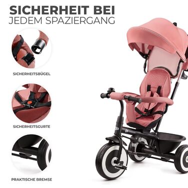Триколісний велосипед Kinderkraft ASTON для дітей від 9 місяців до 25 кг, з батьківською ручкою, поворотним сидінням, кошиком та дахом, Рожевий