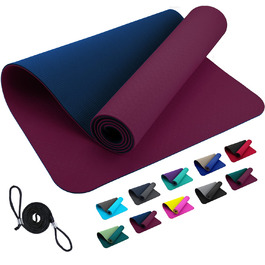 Спортивна мат для фітнесу FLXYA 183x61x0.6 см - преміум якість, без фталату та шкідливих речовин, з нековзким покриттям та безкоштовним ремінком для перенесення. Підходить для йоги, фітнесу, пілатесу, тренувань та гімнастики. Товщина 6 мм, колір: баклажан/синій