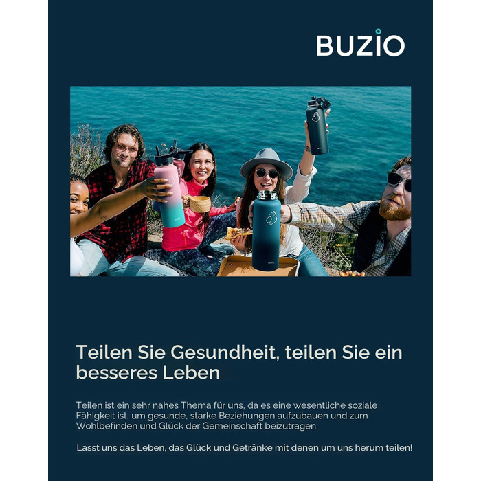 Термос-пляшка Buzio з нержавіючої сталі 1180 мл з трубочкою, ізольована, для спорту, витік захищений, Indigo Black