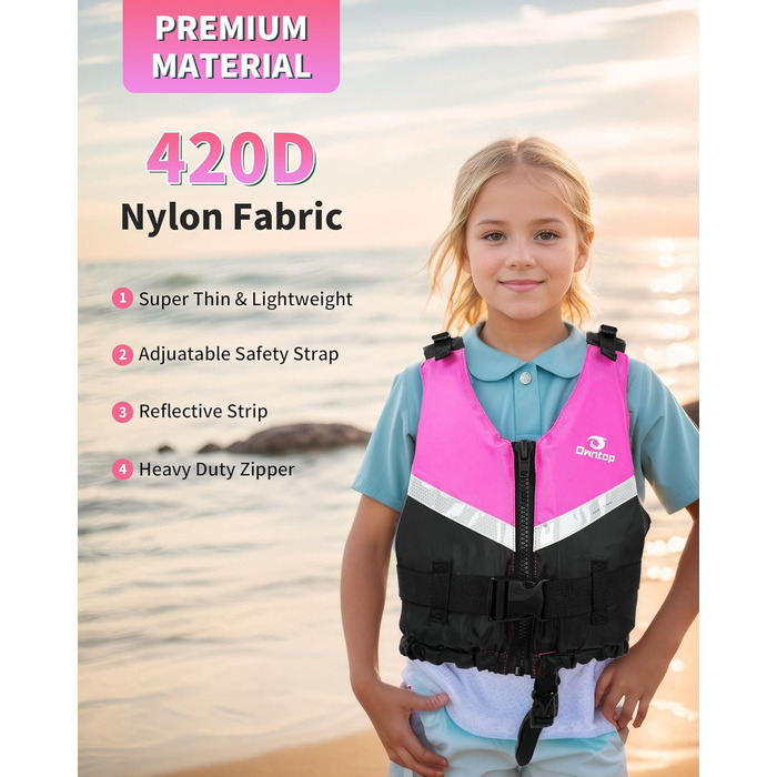 Owntop Жилет для плавання для дітей та підлітків. Легка унісекс жилетка з регулюванням, для каякінгу, риболовлі, плавання та інших водних видів спорту. Рожевий, розмір Jugend-XXS (30-40 кг, 70-80 см)