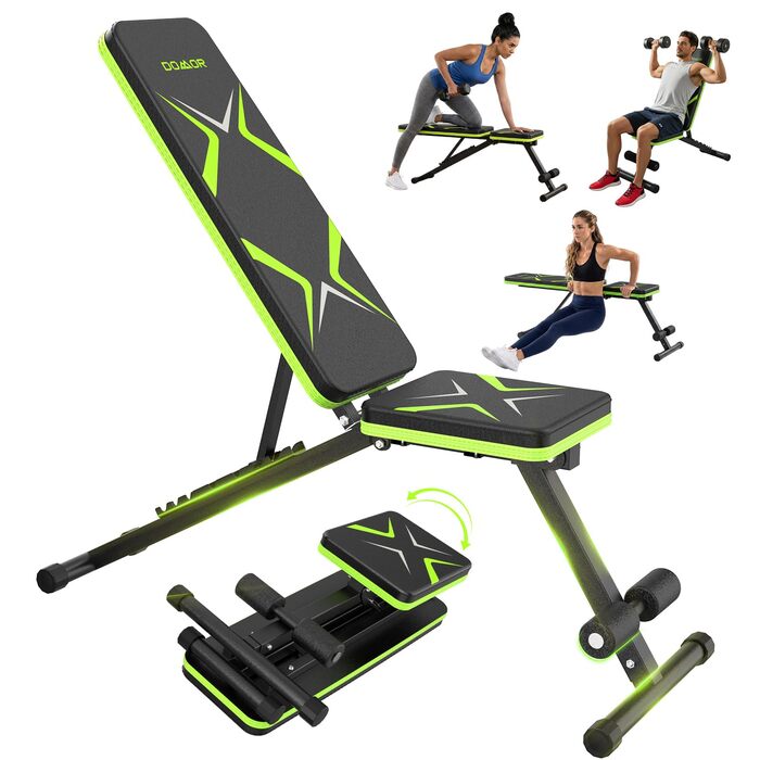 Складана лавка для тренувань з обтяженнями 330LBS, багатофункціональна, для дому, фітнесу, прес, зі змінним нахилом, зелена