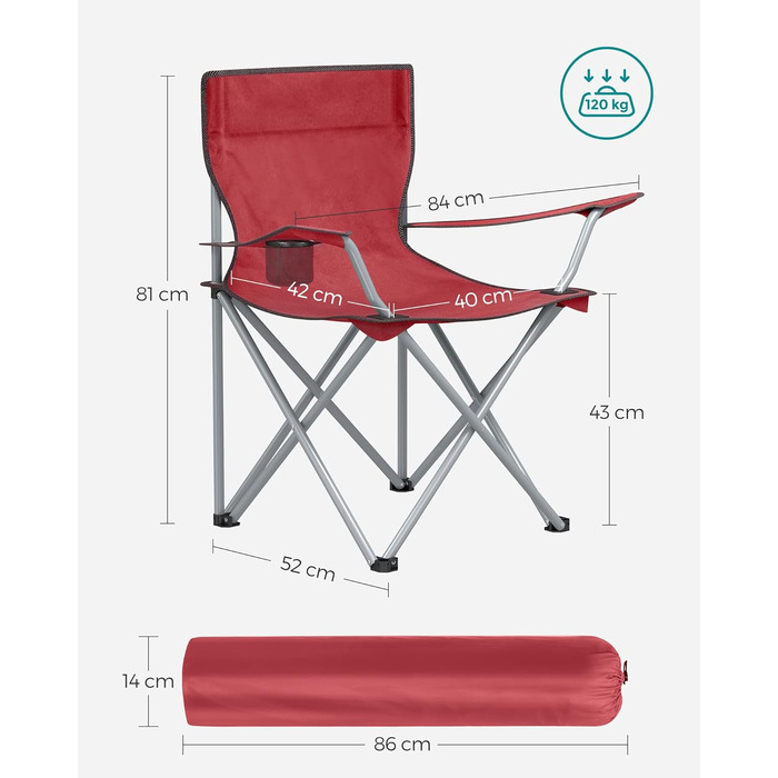 SONGMICS Крісла для кемпінгу, складні, вуличні, зручні, з підлокітниками та тримачем для напоїв, стабільний каркас, вантажопідйомність 120 кг, 2 шт (Червоний)