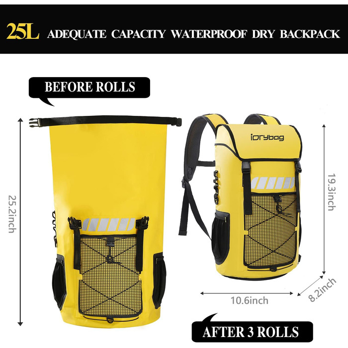 Водонепроникний рюкзак IDRYBAG для чоловіків, 25L - ідеальний для каякінгу та піших прогулянок (жовтий)