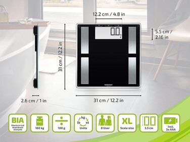 Смарт-вага Soehnle Shape Sense Connect 50 з Bluetooth, аналізатор складу тіла BIA, чорна, велике LCD, підключення до додатку