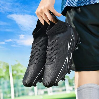 Чоловічі футбольні бутси з високим верхом для штучного поля, дитячі футбольні бутси з шипами, футбольні черевики (чорний, 41 EU)