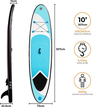 Надувна SUP-дошка 307 см синя або червона, комплект для водного спорту: легка 6,75 кг, 3 плавці, нековзка поверхня, ручний насос, еластичний ремінець, водонепроникний чохол для телефону, сумка для перенесення