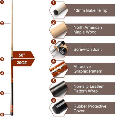 Більярдний кий Pool Queue 58 дюймів з канадського клена, 13 мм наконечники, для професійних гравців, 1/2 Maple, 18oz (колір: коричневий)