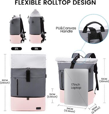 Жіночий водонепроникний рюкзак LOVEVOOK Rolltop з відділенням для взуття та ноутбука 17 дюймів, для подорожей, школи, спорту, сіро-рожевий