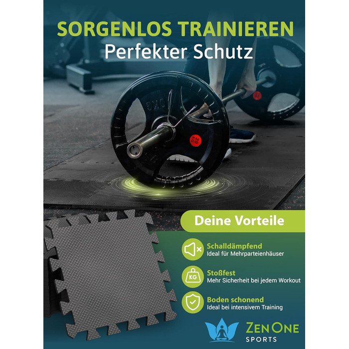 Пазл-килимок для фітнесу ZenOne Sports® 30x30x1 см (18 шт., 1.5 м²) - захисний килимок для тренажерів, чорний