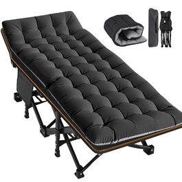 Велике розкладне ліжко з матрацом – 198x81x46 см, 400 кг, сталевий каркас, оксфордська тканина, для дорослих, сад, подорожі (XXL Чорний)