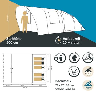 Намет Skandika Hafslo Sleeper Protect для кемпінгу 4/5/6 осіб, водонепроникний, з інтегрованим дном (5000 мм), з тамбуром, чорна спальня - сімейний намет XL