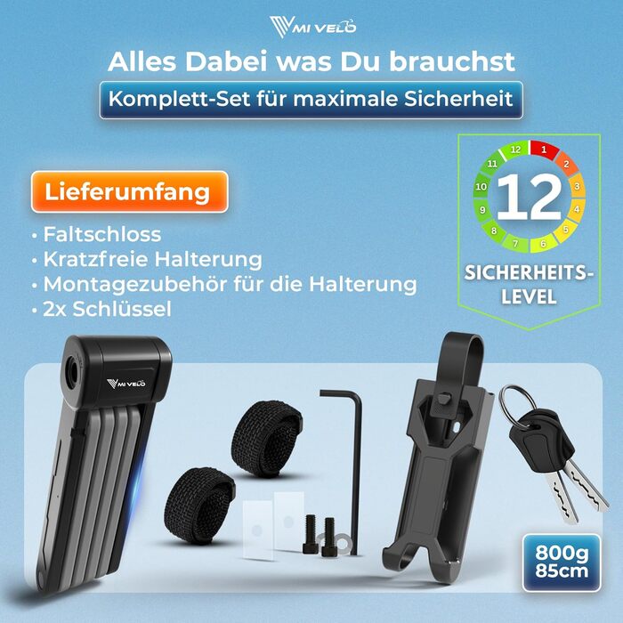 Замок для велосипеда MIVELO, складний, висока безпека, 85 см, з ключем та кріпленням. Підходить для електровелосипеда, MTB та шосе