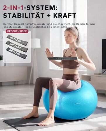 Гімнастичний м'яч HAPBEAR 55/65/75см - Анти-вибух, неслизький, з масажними попками, товстий PVC, до 200кг, комплект з насосом та гумками для фітнесу, офісу та йоги (Хмарно-блакитний, XL)