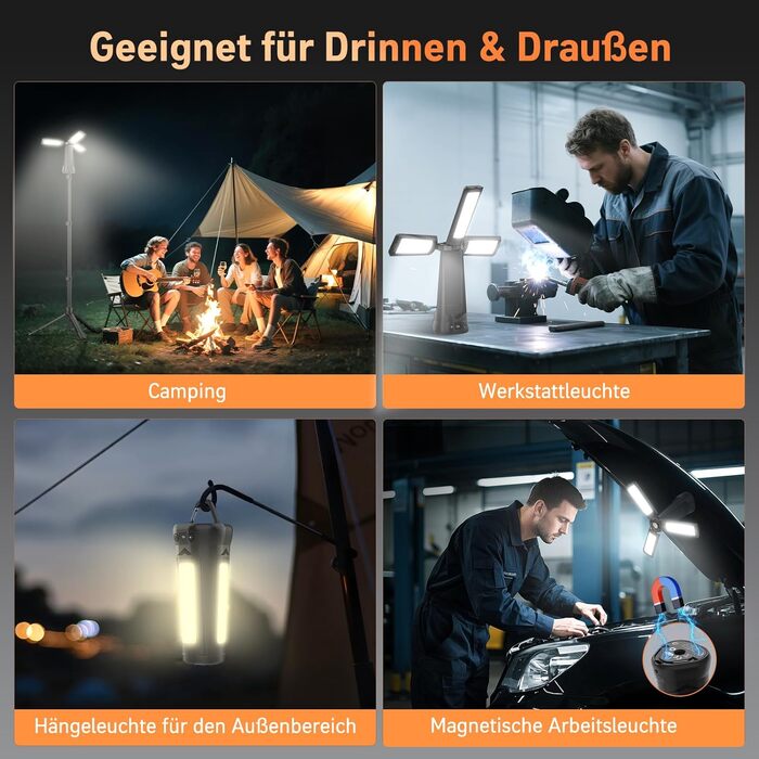 Портативна LED кемпінгова лампа на акумуляторі 15000mAh з телескопічним штативом, 5500LM, IP65, вологостійка, для кемпінгу, подорожей, будівництва та надзвичайних ситуацій (чорна)