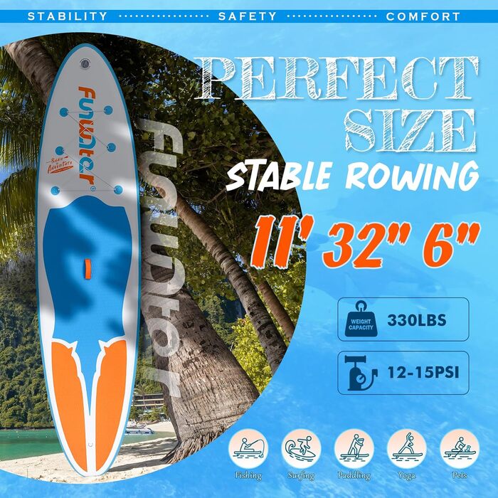 Надувне SUP-борд FunWater: комплект з аксесуарами (весло, насос, рюкзак, лінія, водонепроникний мішок)