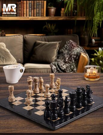 Шаховий набір з мармуру для дорослих, ручної роботи, 32 фігури, 2 додаткові королеви, коробка для зберігання, розкішний подарунок, елегантний декор (чорний & кораловий)