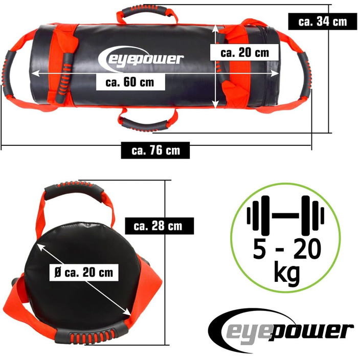 Eyepower Професійний силовий мішок 20 кг + 4 водонепроникні гирі з залізним піском, 6 ручок, фітнес-сендбег для дому, тренування преса та спини, чорний-червоний