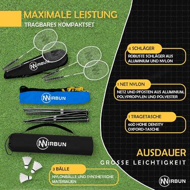 Набір для бадмінтону на 4 гравці з сіткою | Професійні ракетки + 3-и пір'яні м'ячі + сумка для перенесення | Міцний металевий каркас | Сітка 5,1 м | Сімейний набір для гри в приміщенні та на вулиці