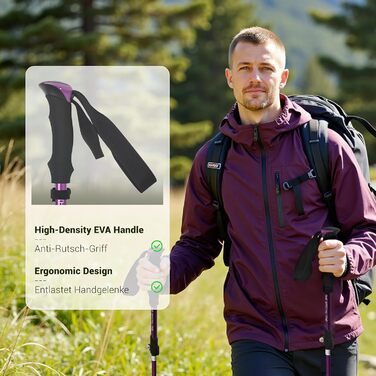 Чоловічі та жіночі палки для скандинавської ходьби, 2 шт. Телескопічні палки для трекінгу з алюмінію з гумовими амортизаторами, фіолетовий колір