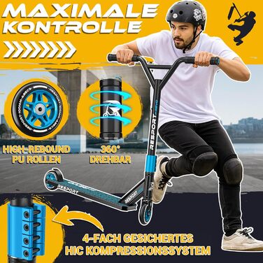 Трюковий самокат RE:SPORT® REVO для дітей та дорослих з підніжкою | Професійний самокат з колесами 100мм PU та Y-рулем | Самокат трюковий ABEC 9 (REVO Ice Cold)