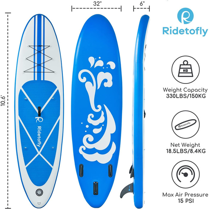 Надувна SUP-дошка Ridetofly SU01, комплект для веслування, йоги та риболовлі, синя, 27,7 x 81,3 x 15,2 см