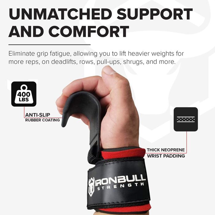 Сталеві гаки для важкоатлета Iron Bull Strength (пара) – міцні ремінці на зап'ястя для станової тяги та пауерліфтингу, з м'якою підкладкою, чорні