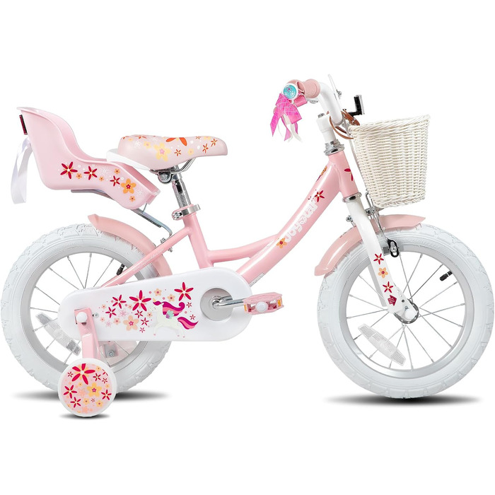 JOYSTAR Единоріг 12-дюймовий дитячий велосипед для дівчаток 3-5 років з сидінням для ляльки, додатковими колесами та кошиком, рожевий