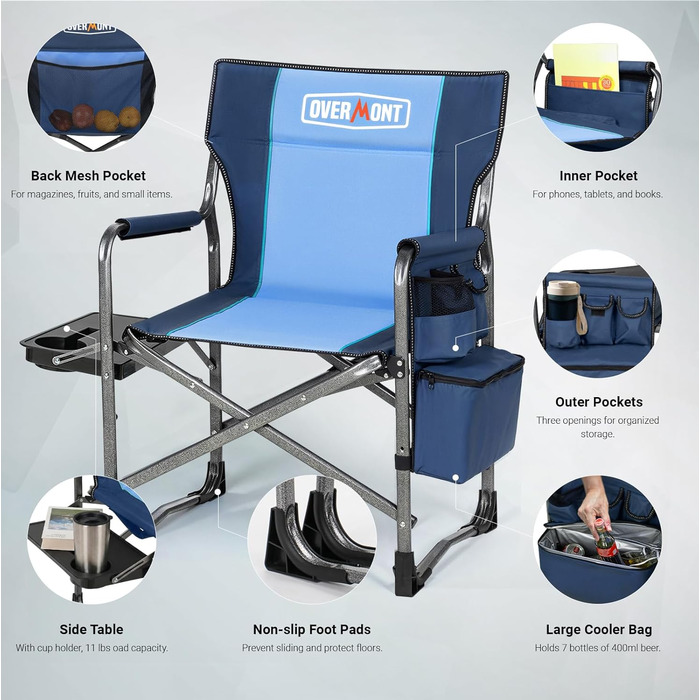 Крісло для кемпінгу OVERMONT: складне, з бічним столиком та сумкою-холодильником, до 180 кг, блакитне