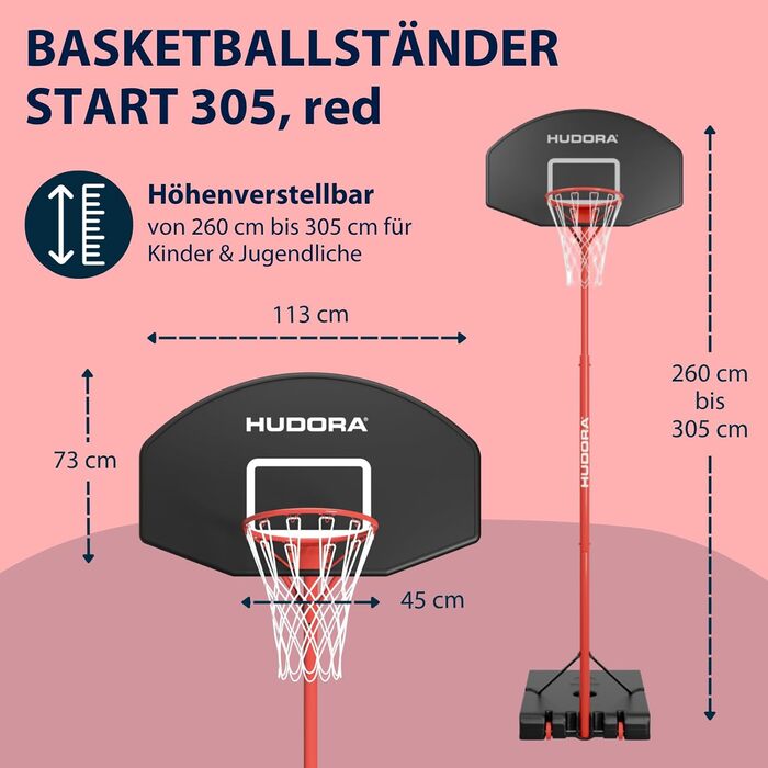 Баскетбольний стенд HUDORA Start: регульована висота, мобільний для дітей, підлітків та дорослих, вуличний з колесами 305 см