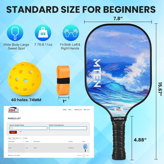 Набір для піклболу з ракетками та лопатками з фіброскла, сертифікований USAPA, блакитний (4 шт.)