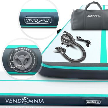 Гімнастичний надувний мат VENDOMNIA Airtrack 200×100×10 см м'ятний, з електричною помпою та сумкою, для йоги, фітнесу, спорту, тренувань