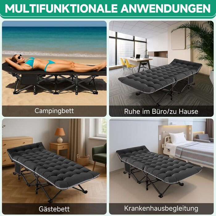 Розкладне ліжко ZIKEBTUY з матрацом, 200 кг, для кемпінгу та відпочинку, 190x71x36 см, з сумкою, сірий/чорний XL