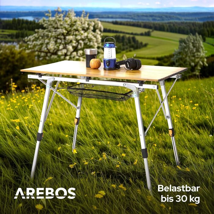 Стіл для кемпінгу Arebos, складний, регульована висота 47-69 см, 90x51.5 см, з сумкою, для відпочинку на природі, грилю, пікніка