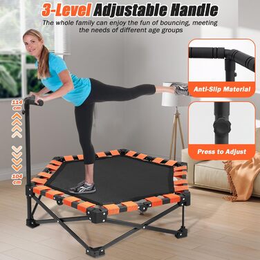 Міні-трамплін складний, вантажопідйомність 150 кг, портативний тренажер-відскочистий трамплін з регульованою ручкою з піни 41/42/45 дюймів, для дорослих та дітей, чорний/оранжевий