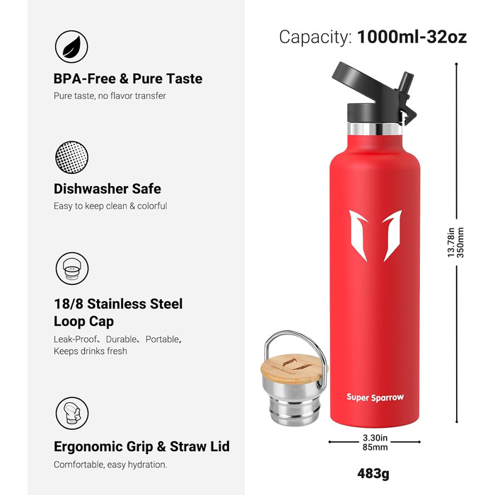 Пляшка для води Super Sparrow з нержавіючої сталі, термос, герметична, BPA Free, 350/500/620/750/1000 мл, для дітей, спорту, школи, з 2 кришками