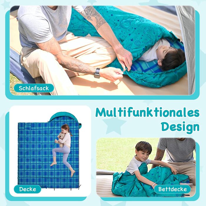 Сплячий мішок KingCamp для дітей, фланелевий, легкий, водонепроникний, компактний, зимовий, 4 сезони, для кемпінгу, підходить для дітей до 140 см, комфортна температура: 7°C (Блакитний L)