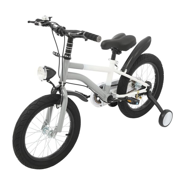 Дитячий велосипед 16 дюймів для хлопчиків та дівчаток, сталевий, 5-8 років, з додатковими колесами та регулюванням висоти (сірий+LED-ліхтар)