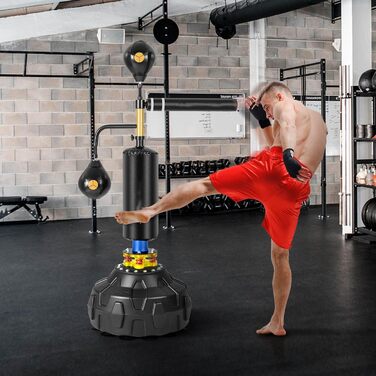 GYMAX Боксерський тренажер Speed Trainer, регульована стійка для боксерської груші з 2 рефлекс-м'ячами, 360° обертаюча штанга та наповнювана база, для підлітків і дорослих, для ММА тренувань