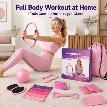Pilates Ring 12-в-1: Набір для пілатесу з м'ячем, гумовими стрічками, дисками для ковзання, шкарпетками та сумкою, Рожевий