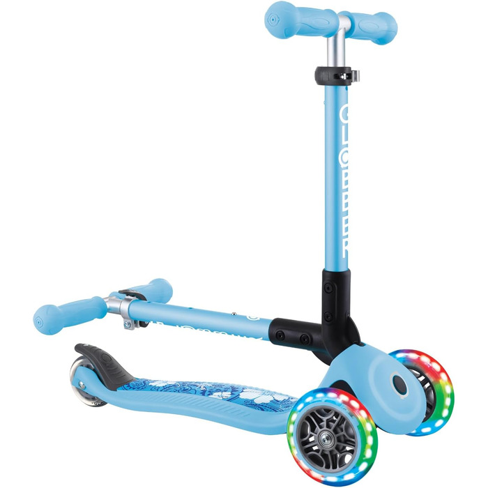 Самокат трьохколісний GLOBBER Junior Fantasy Lights, 120/80 мм, ABEC 5, складаний, LED-колеса, блакитний