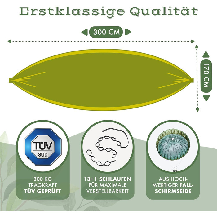 Гамак NATURBUMMLER® Outdoor з захистом для дерев [Tree Protec+] – 300x170 см, для 1-2 осіб – ультралегкий та вологостійкий – двошаровий гамак для кемпінгу, саду та відпочинку на природі (природний зелений колір)