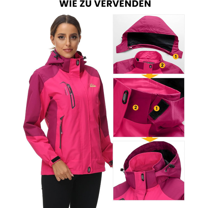 Жіноча трекінгова куртка Outdoor Легка перехідна куртка Вітронепроникна куртка Водонепроникна куртка-дощовик Дихаюча функціональна куртка з відстібаною капюшоном, Рожево-червоний колір, Розмір L