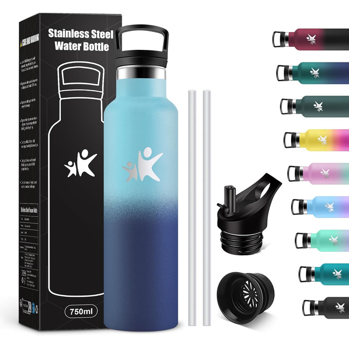 Термос-пляшка KollyKolla 750 мл, пляшка для води з содовою, витокозахисна, з трубочкою, без BPA, подвійні стінки, вакуумна ізоляція, для школи, подорожей, кемпінгу, блакитний + темно-блакитний