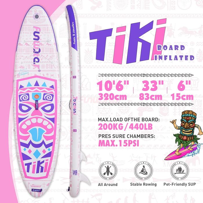 Надувний SUP Борд FunWater 10'6'-11'6' – для початківців та сімей, з антиковзким EVA-деком, веслом, насосом та аксесуарами (10'6-TIKI-Pink/Violett/Weiß)