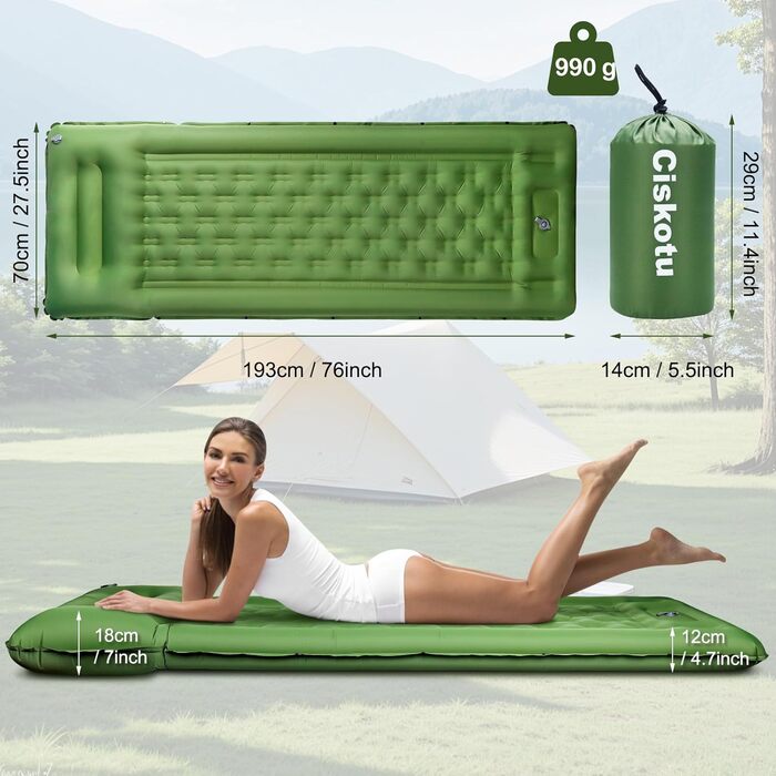 Каремат туристичний самонадувний Ciskotu, 12 см, з насосом, Ultraleicht, зелений