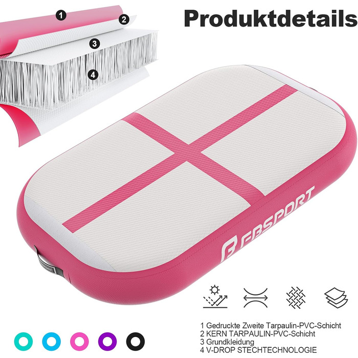 FBSPORT Килимок для гімнастики та йоги, 60x100x20 см, рожевий, з насосом та сумкою