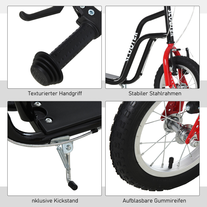 Дитячий самокат HOMCOM Scooter City Scooter від 5 років кікборд з 12 дюймовими пневматичними шинами в чорному кольорі 120x58x75-80 см для безпечної їзди